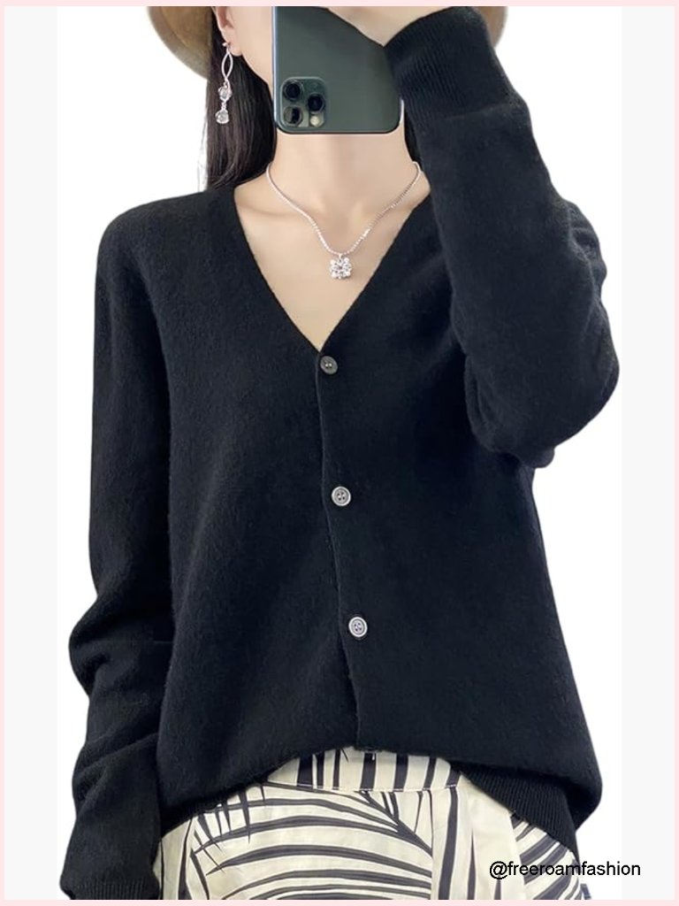 100% Merino Wool Cardigan V-Neck Long Sleeve Knit Sweater
